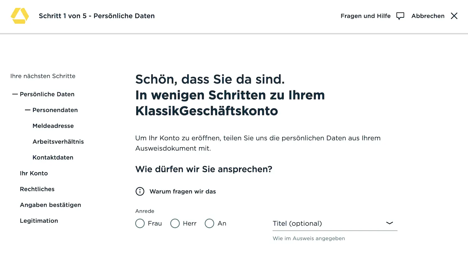 Screenshot der Commerzbank Online-Antragsstrecke für das Geschäftskonto