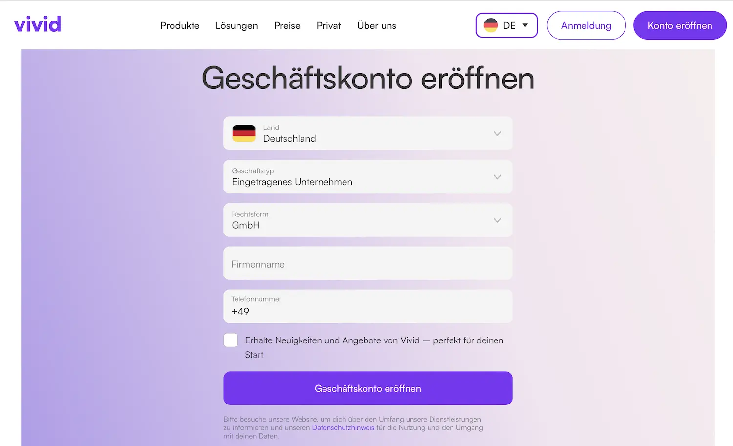 Digitale Antragsstrecke zur Kontoeröffnung bei Vivid